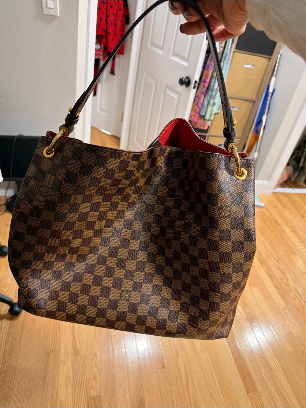 Louis Vuitton Brown Damier Canvas Shoulder Bag with Red Interior